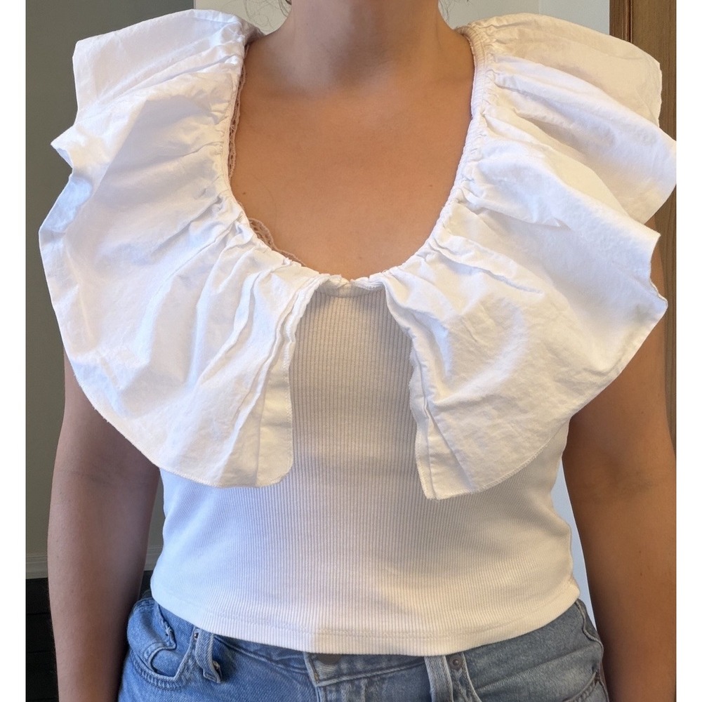 Zara White Ribbed Crop Top Dramatic Ruffle Flutter Sleeve Sz M Fits Small